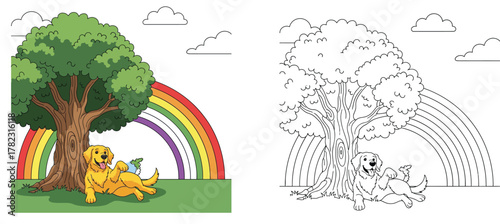 Happy Golden Retriever Dog Relaxing Under a Tree with Rainbow - Cute Cartoon Illustration for Children