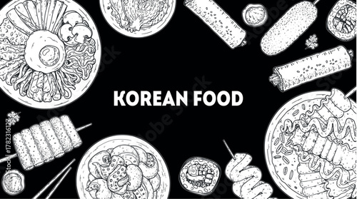 Korean food frame. Hand drawn top view Korean food dishes vector sketch illustration. Bibimbap, tteokbokki, nakji bokkeum, kibap, odeng, corn dog, kimchi