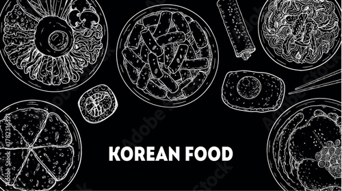 Korean food frame. Hand drawn top view Korean food dishes vector sketch illustration. Bibimbap, pajeon, kimbap, tteokbokki, japchae, samgyetang, egg bread