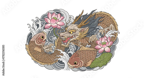 Intricate depiction showcasing a dragon, carp fish, and lotus flowers in a stylized composition