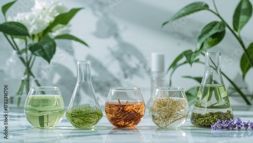 Laboratory research on sustainable skincare using organic herbs and scientific extraction techniques