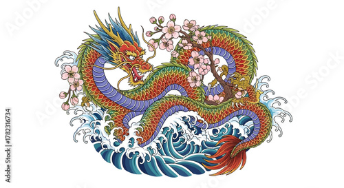 Intricate depiction of a multicolored Asian dragon surrounded by cherry blossoms on water