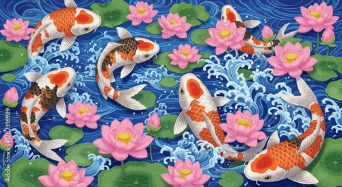 Elegant tranquility vibrant koi fish serenely swimming amidst blooming lotus flowers creating a