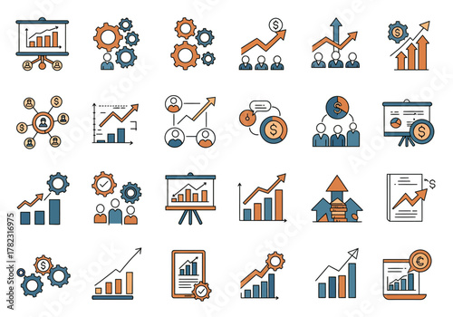 Collection of 24 business and finance icons with growth charts