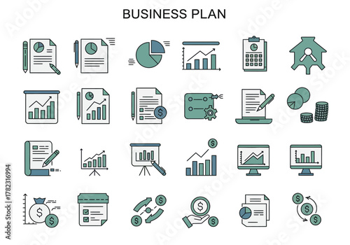 Collection of business and financerelated icons with a consistent color scheme