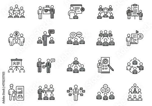 Icons depicting groups of people in various workrelated scenarios