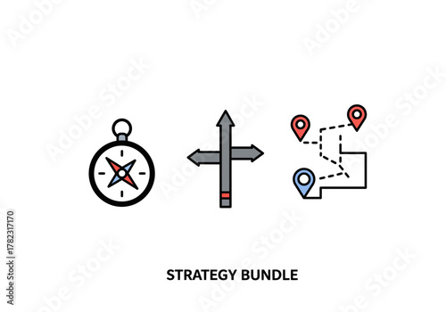Icons for strategy compass crossroads map with pins