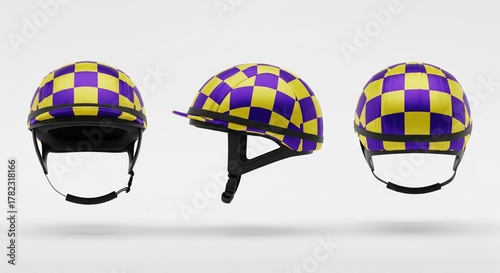 Colorful jockey helmet with purple and yellow checkered pattern shown from multiple views