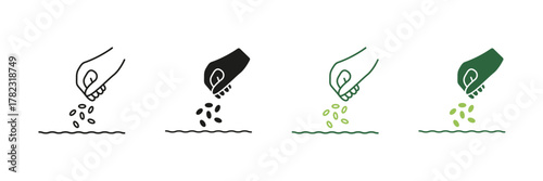 Hand Sowing Seeds Line And Solid Icon Set. Agriculture, Planting, And Growth Symbol Collection. Farming And Cultivation Process Representation. Isolated Vector Illustration