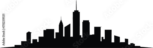 A stark black silhouette of a dense, modern city skyline, featuring various skyscraper heights and a prominent central tower.