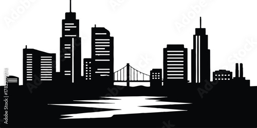 A stark black silhouette of a city skyline featuring tall buildings, a suspension bridge, and its reflection in the water below.