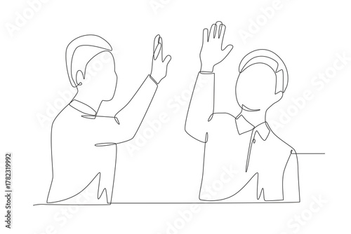 Businessman high five concept one-line drawing