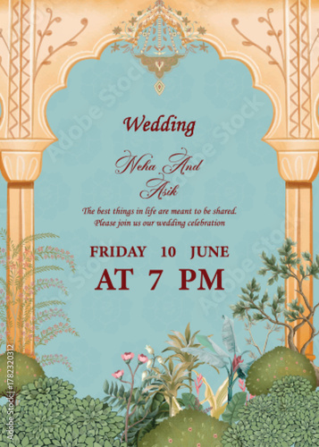 A beautiful Indian wedding invitation card with intricate floral elements and an arched gateway design, perfect for announcing a joyous union.
