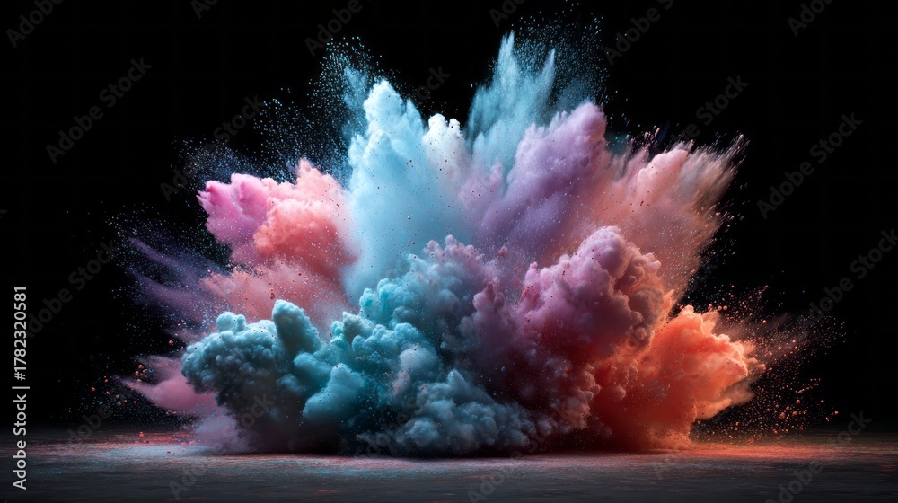 Fototapeta premium Vibrant white powder explosion on black background with multicolored holi dust clouds, capturing dynamic burst of colorful pigment in motion for creative art, festival, and abstract digital design