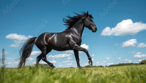 A Friesian horse running swiftly across a lush green meadow, showcasing vitality and grace
