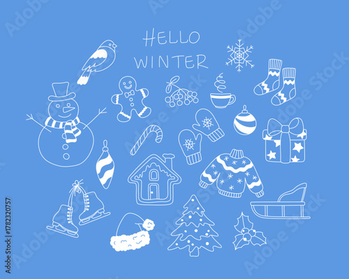 Winter set. Line art doodles. Vector illustration.