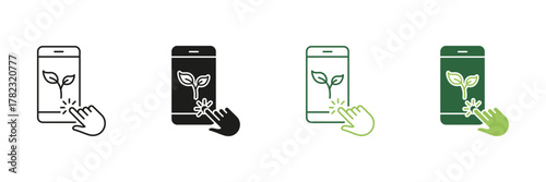 Smartphone With Plant And Touch Gesture Line And Solid Icon Set. Eco-Friendly Mobile App Interaction Symbol Collection. Digital Sustainability And Green Technology. Isolated Vector Illustration