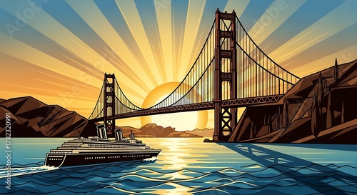 Golden Gate Bridge Cruise Ship Sunset.