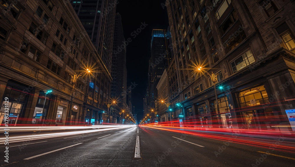 Obraz premium Light trails on a city street at night, creating a dynamic visual effect