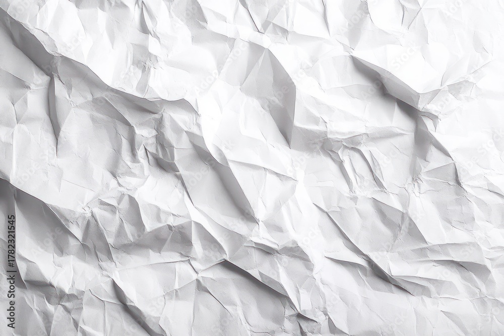 Fototapeta premium Close-up view of a white crumpled paper texture with various creases and shadows creating an uneven surface
