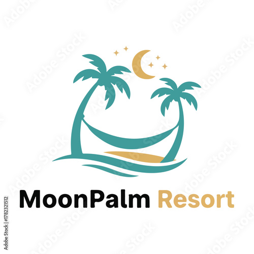Tropical MoonPalm Resort Logo with Hammock and Palm Trees