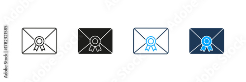 Envelope With Seal Line And Solid Icon Set. Certified Mail, Official Document, And Secure Communication Symbol Collection. Postal Service And Authentication. Isolated Vector Illustration