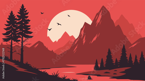 Serene Vector Landscape with Majestic Crimson Mountains and Tranquil Forest, a Stylized Sunset Reflecting in a Calm River, Peaceful Nature Art Illustration