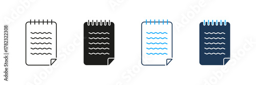 Notebook With Spiral Binding Line And Solid Icon Set. Note-Taking, Writing, And Organization Symbol Collection. Stationery And Office Supplies. Isolated Vector Illustration