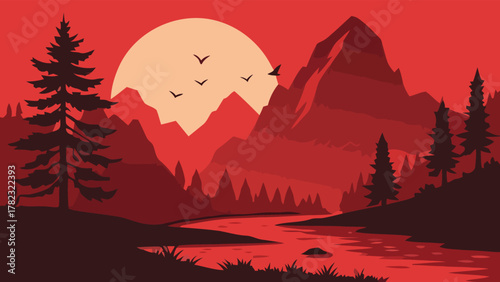 Crimson Vista A Mountain Landscape at Sunset with Birds in Flight