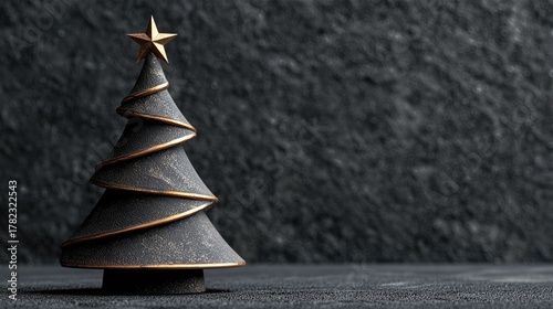 Minimalist Black Matte Christmas Tree Sculpture With Gold Spiral And Star. Isolated Holiday Decor On Dark Background For Product Mockups Or Festive Designs