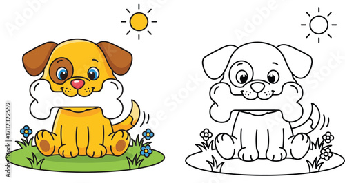Cute Cartoon Puppy with Bone Sitting in Grass - Playful Dog Illustration for Kids' Designs