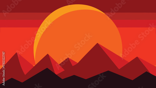 Serene digital artwork of a vibrant sunset over a stylized mountain landscape with a modern, flat aesthetic