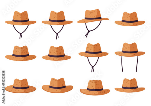 Set of Flat Vector Straw Hats for Sun Protection
