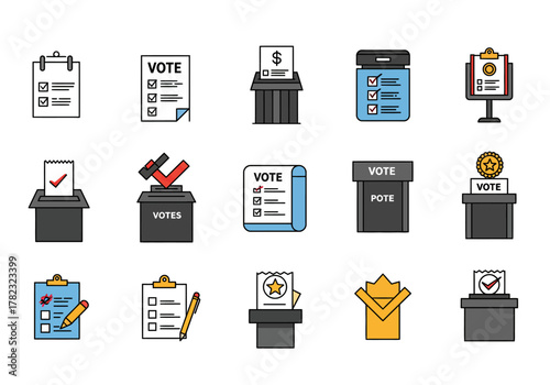 Diverse Voting Icons Election Process, Ballot Boxes, and Voting Forms Illustration