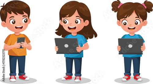 PrintHappy kids using technology, children holding smartphone and laptop, digital learning concept, modern education, online study, cartoon illustration, fun tech lifestyle