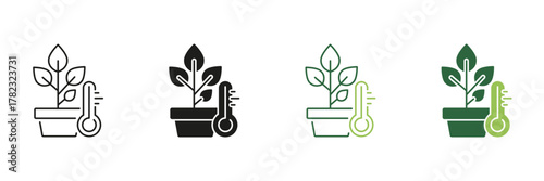 Potted Plant With Thermometer Line And Solid Icon Set. Plant Growth And Temperature Monitoring Symbol Collection. Gardening And Environmental Care. Isolated Vector Illustration