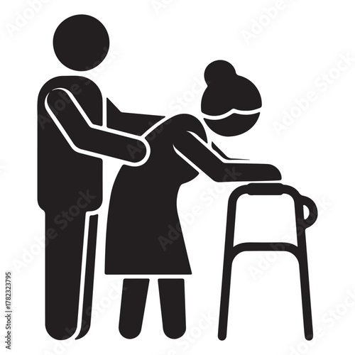 Caregiver assisting elderly woman with walker