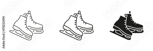Ice Skates In Line, Outline, And Glyph Icon Set. Winter Sports, Ice Skating, And Recreational Activity Symbol Collection. Sports Apps And Winter Event Promotions. Isolated Vector Illustration