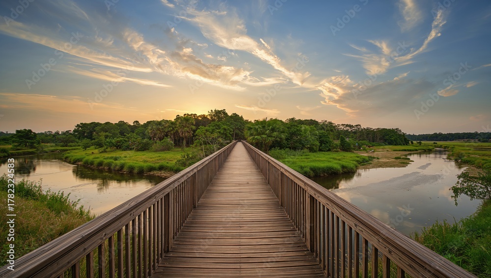 Naklejka premium Wooden bridge spanning the river, showcasing structural integrity and accessibility