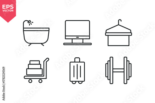 Set of line icons related to bell boy, TV, bathroom, luggage, dry cleaning, dry cleaning. Editable stroke. Vector illustration