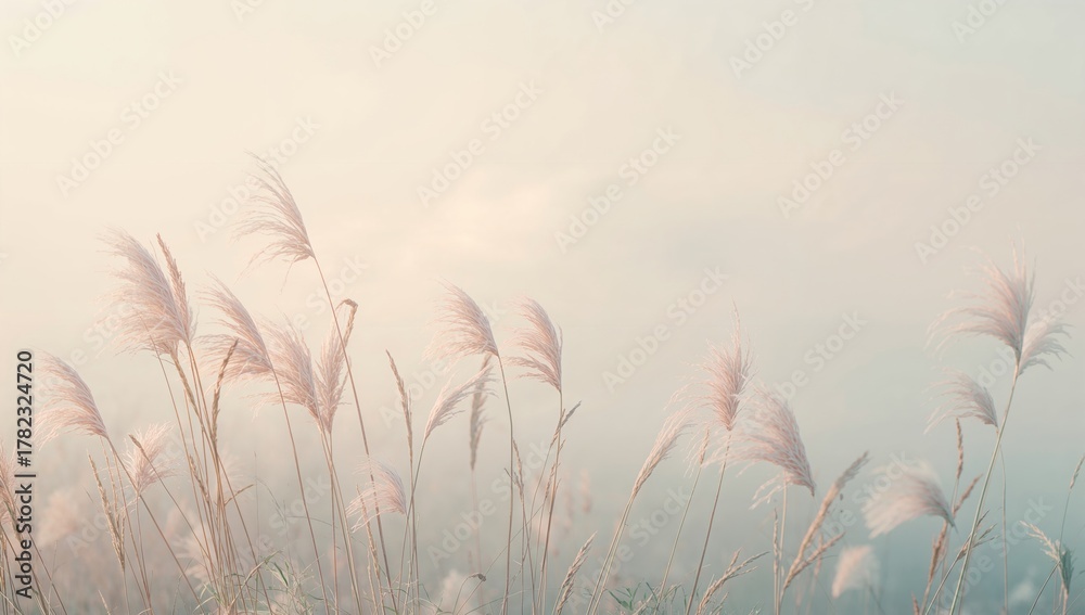 Obraz premium Gentle breeze swaying wildflowers and grass under a misty dawn sky. tranquil and simple nature scene with a soft spring palette.