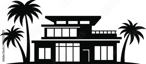 PrintModern tropical house illustration, luxury beach villa exterior design, contemporary minimalist home with palm trees, black and white architectural artwork