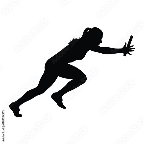 Female runner silhouette receiving baton in relay race