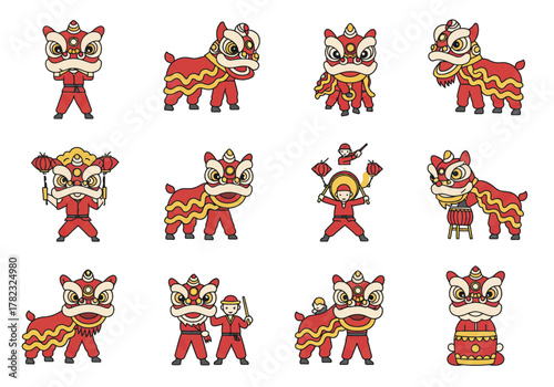 Festive Chinese Lion Dance Illustrations for Celebrations
