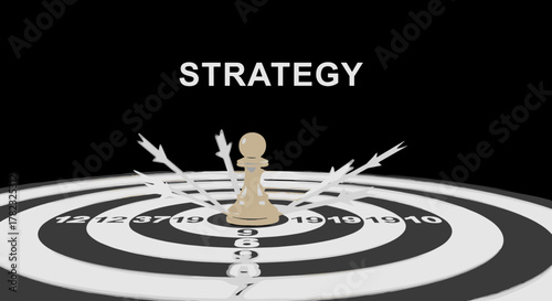 Strategic pawn on a dartboard with arrows, symbolizing business strategy, planning, and achieving goals in operations management, production, logistics, supply chain, manufacturing, and inventory
