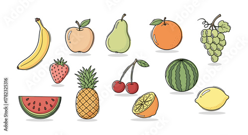 A vibrant collection of hand-drawn doodle icons featuring a variety of fresh fruits, including a banana, apple, pear, strawberry, pineapple, cherries, orange, watermelon, grapes, and lemon, perfect