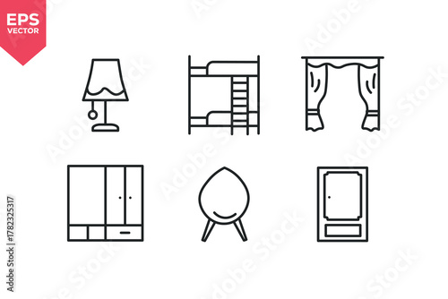 Set of line icons related to furniture, home decor, sofa, lamp, chair, wardrobe, curtain, bunk bed. Editable stroke. Vector illustration