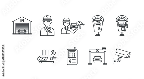 Comprehensive Parking Line Icon Set: Featuring Garage, Valet Servant, Paid Parking Meter, Recorder, Lift, Security Camera, and More. A Clean and Ordered Line Icon Collection for Transportation and