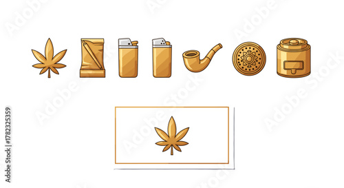 Golden cannabis leaf and smoking accessories set, including a pipe, lighters, a grinder, and a storage container, presented as a clean vector cartoon illustration on a white background, perfect for