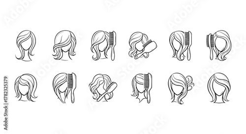 Set of 12 vector cartoon illustrations depicting various hairstyles and hair care icons, including different hair lengths, styles like ponytails, and the use of combs and brushes, presented on a